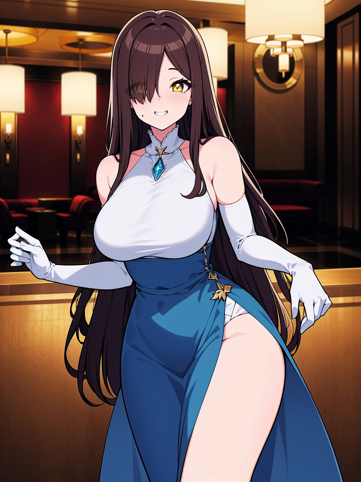 (cowboy shot), (ultra-high resolution, depth of field:1.2), 1woman, mature, brunette hair, long straight hair, yellow eyes, hair over one eye, large breasts, (wide hips), night dress, (blue dress), elbow gloves, white gloves, fancy lobby, indoors, bare shoulders, sleeveless dress, ((fancy hotel lobby)), grin