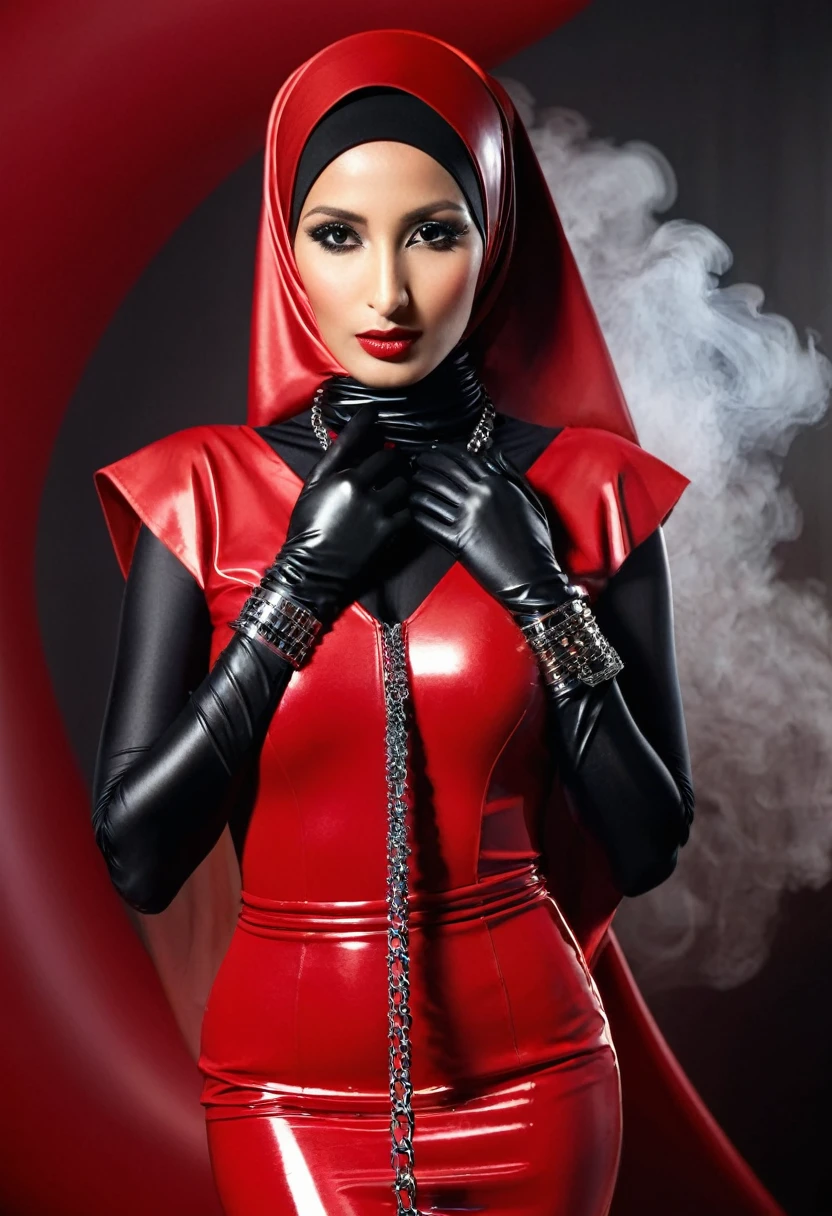 Sexy naked. A very thin model. Latex hijab. Shiny steel bracelets on top of black gloves. and Shiny steel bracelet necklaces are on her wrists. Designer shiny  Red latex magnificent dress. Red thick smoke in the background. Posing for a photo in a fashion magazine. Canon EF 50mm f/1.8