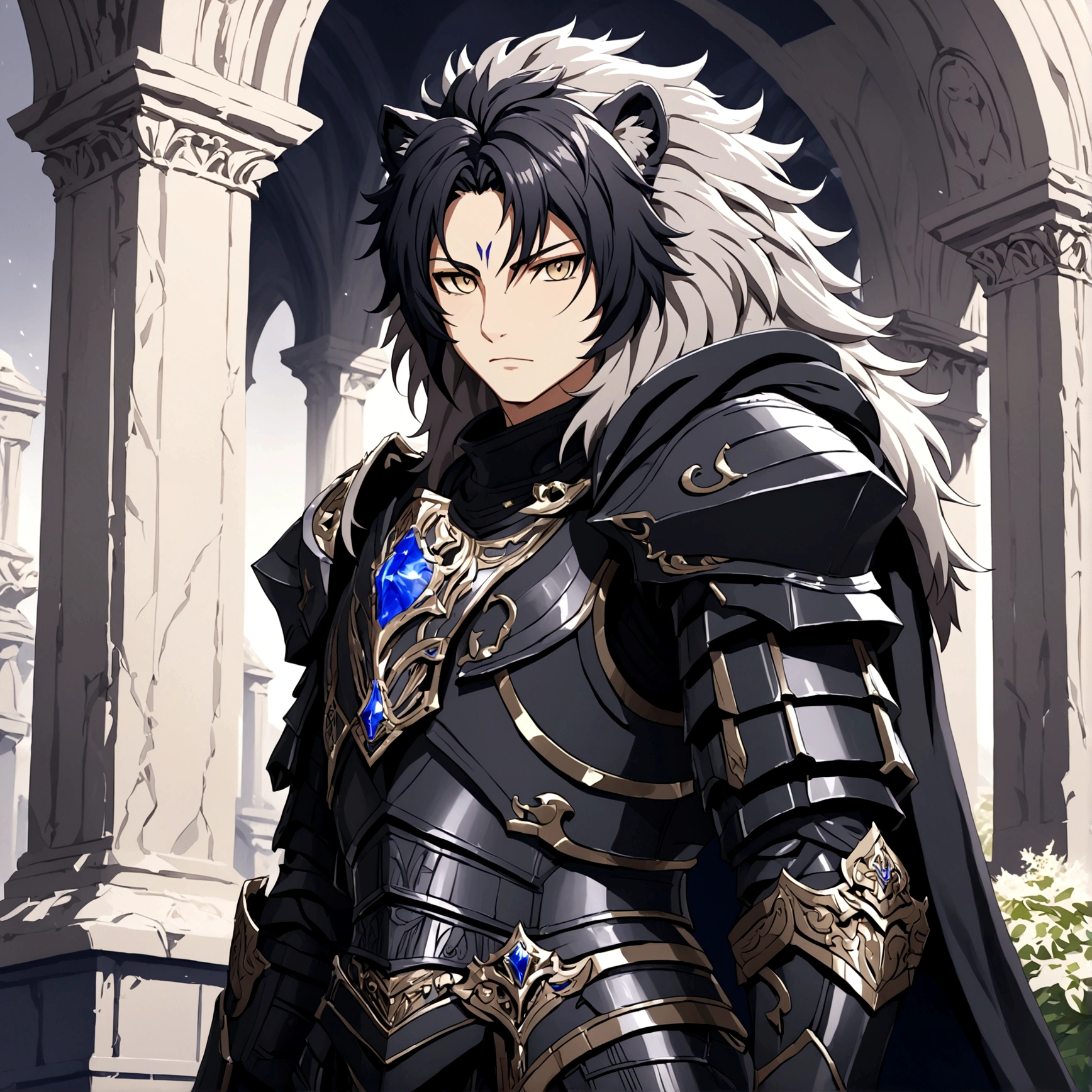 good quality, humanoid gray lion, Furry, a gray lush mane, scar on right eye, black armor, Combat armor, A lot of growth, black fur cape