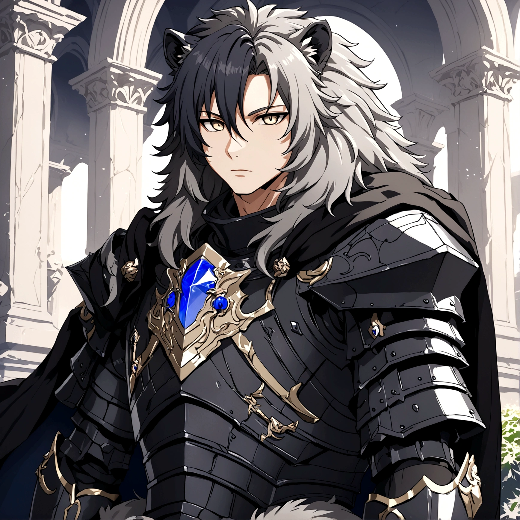 good quality, humanoid gray lion, Furry, a gray lush mane, scar on right eye, black armor, Combat armor, A lot of growth, black fur cape