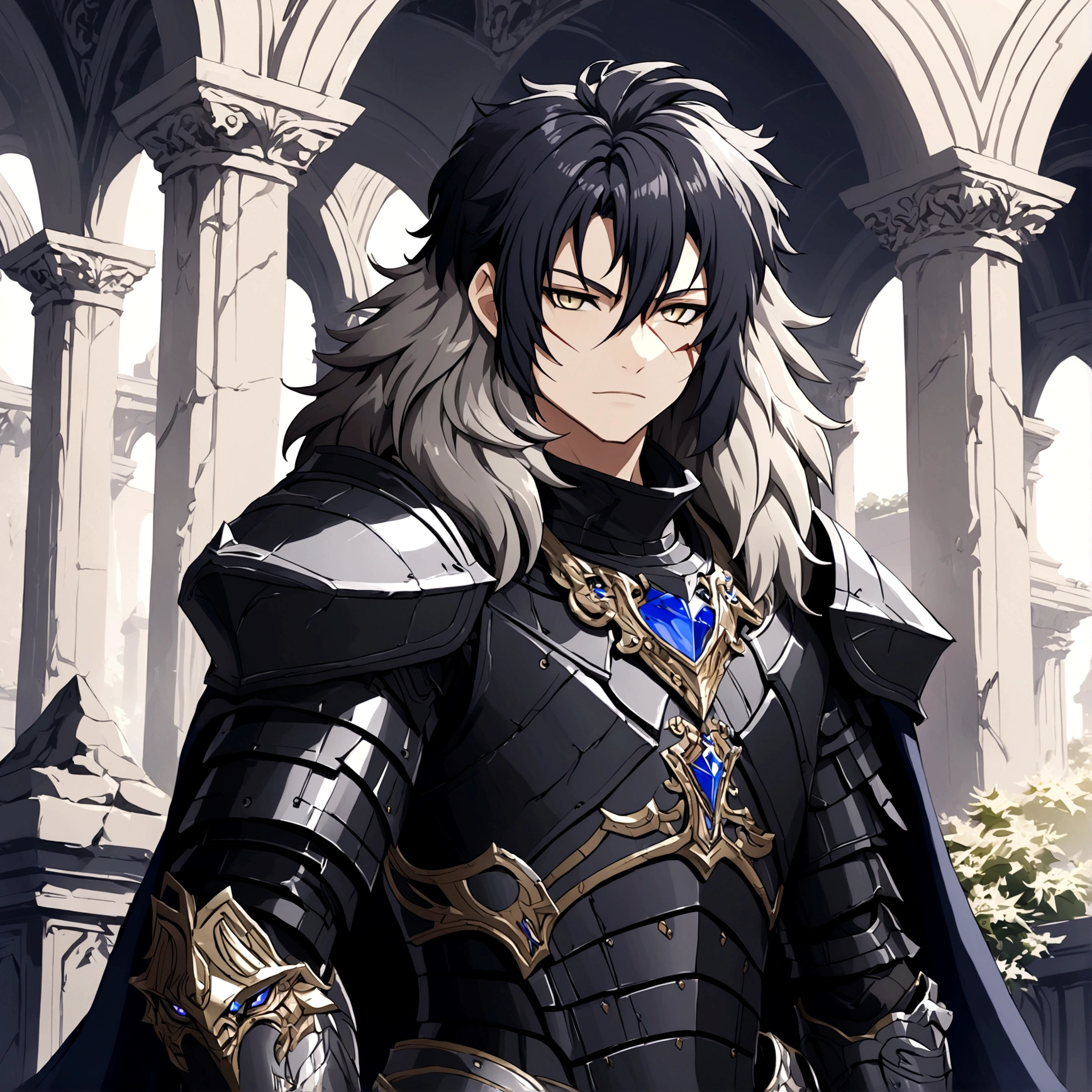 good quality, humanoid gray lion, Furry, a gray lush mane, scar on right eye, black armor, Combat armor, A lot of growth, black fur cape