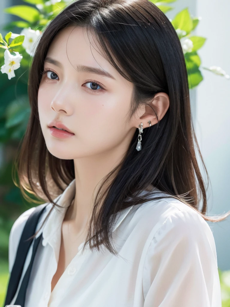absurdres, RAW photo, extremely delicate and beautiful, masterpiece, Best Quality, ultra high resolution, 32k, hyperrealistic, ultra-detailed, in her 20s, delicate facial features, tearful mole, earring, medium , full body shot, shorter middle hair, black hair, summer school_uniform,
