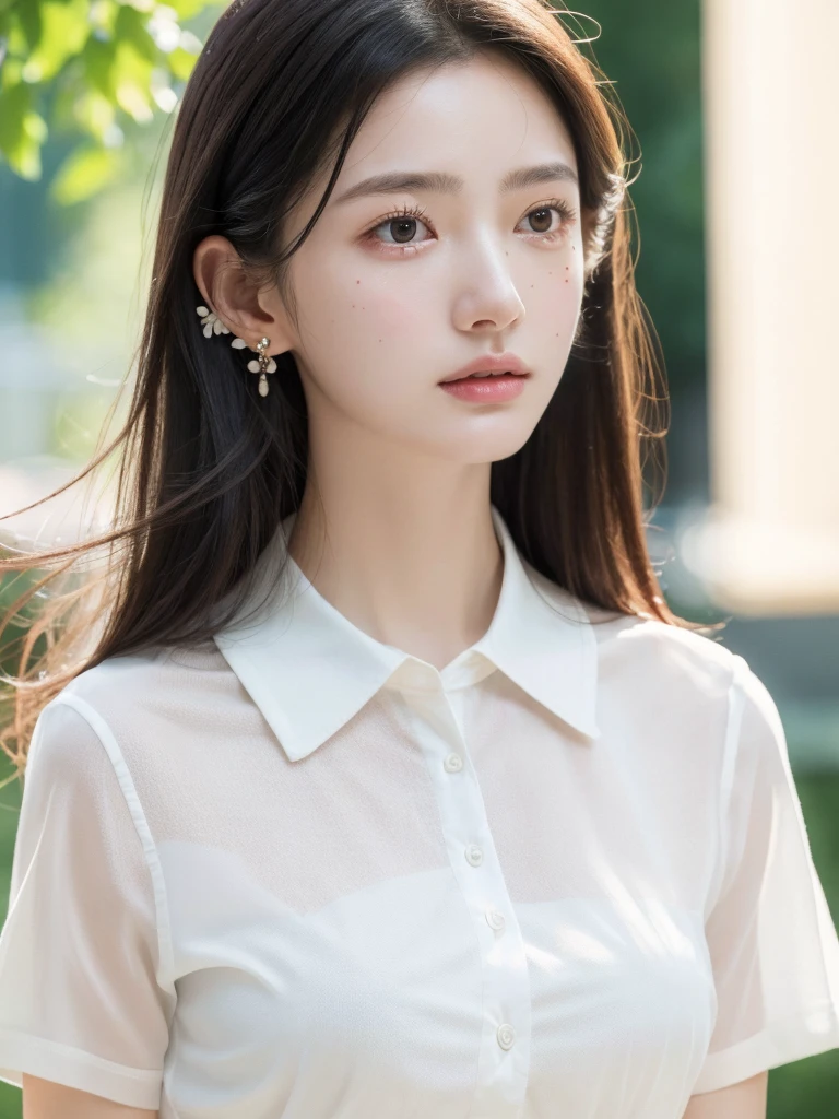 absurdres, RAW photo, extremely delicate and beautiful, masterpiece, Best Quality, ultra high resolution, 32k, hyperrealistic, ultra-detailed, in her 20s, delicate facial features, tearful mole, earring, medium breasts, full body shot, shorter middle hair, black hair, summer school_uniform,