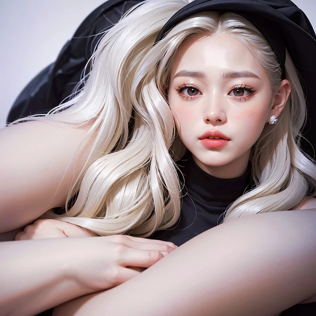 A girl, 19 years old, Long hair, white hair, hair with wavy ends, black eyes , White skin, natural makeup, soft lips, lip gloss , Photogenic, sideways position, looking at the viewer, Hair strands, best quality
