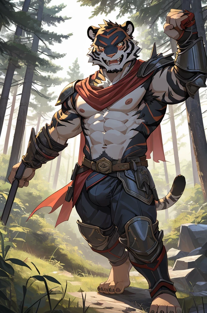 Tiger,Young Adults,Strong,handsome,warrior,Sexy body,Huge penis,毛茸茸的Tiger爪,Scantily clad(Scapula,Armor knee pads,Crotch bulge,The genitals are extremely prominent,Red torn shawl,Bare chest and abdomen,Bare thighs,barefoot),expression(vigilante,Gnashing of teeth),action(Standing,vigilante),Alone,Looking angrily at the camera,Challenge the camera character to a duel,environment(Clearing in open forest,There are sparse low weeds around,There are pine trees in the distance)