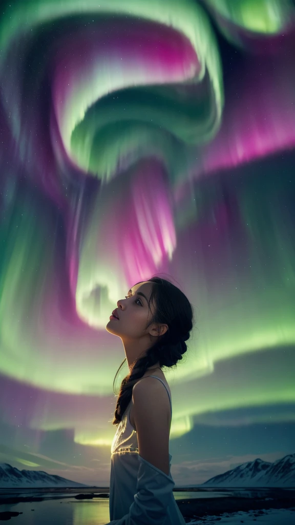 tmasterpiece, 4K, Hyper-Resolution, Optimal image resolution,aurora borealis,This stunning illustration depicts an abstract portrait of a young girl in the Northern Lights, A chaotic storm of aurora erupted in his mind,ModelShoot style,(multiple exposure:1.8),The transparent and ethereal girl's face blends with the aurora,Express your thoughts, Emotions and dreams in surreal and magical landscapes. Use bright colors and meaningful symbols to reflect the complexity of the human mind,Epic surrealist style,Epic dreamy style,epic digital art illustration