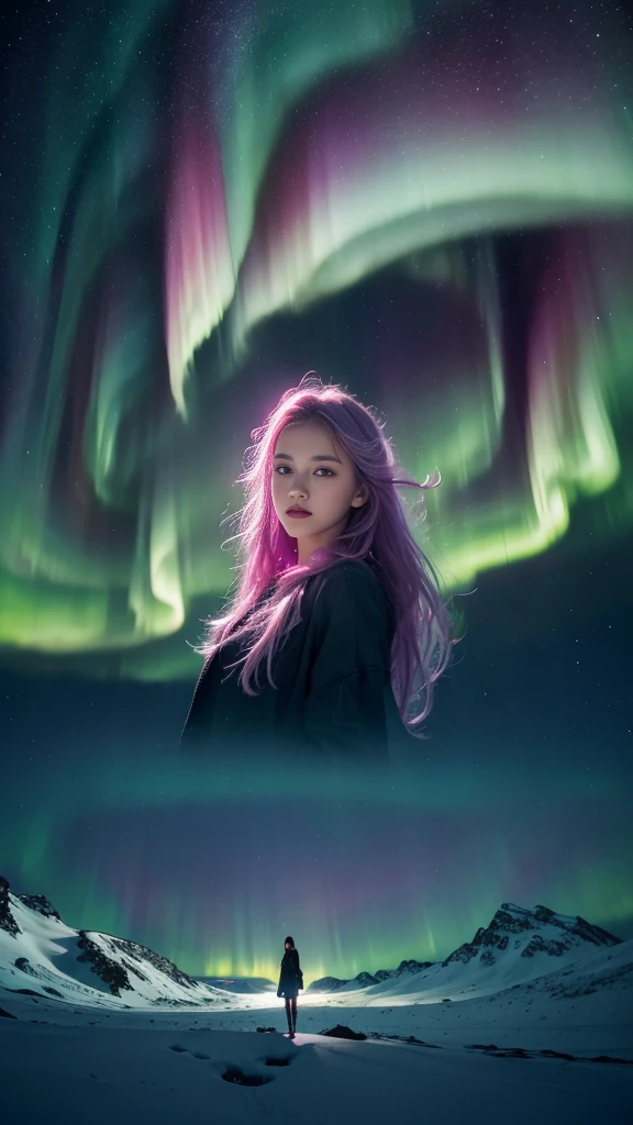 tmasterpiece, 4K, Hyper-Resolution, Optimal image resolution,aurora borealis,This stunning illustration depicts an abstract portrait of a young girl in the Northern Lights, A chaotic storm of aurora erupted in his mind,ModelShoot style,(multiple exposure:1.8),The transparent and ethereal girl's face blends with the aurora,Express your thoughts, Emotions and dreams in surreal and magical landscapes. Use bright colors and meaningful symbols to reflect the complexity of the human mind,Epic surrealist style,Epic dreamy style,epic digital art illustration