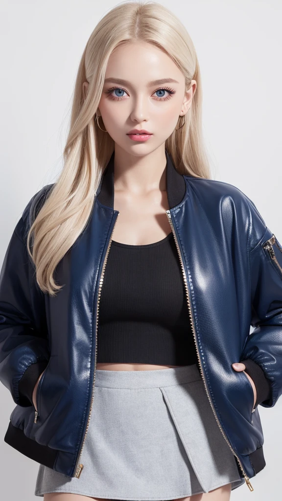(((open jacket、mini skirt、White background、Cowboy Shot、forehead)))、forehead、Northern Europe、Russia、beautiful girl、Platinum Blonde Hair、Straight long hair、Big blue eyes、Northern Europeの若者、Glowing Skin、Young and beautiful skin、A perfect and beautiful little face、Bright makeup、Pale pink lips、Bright expression、lipstick、Golden Hour Lighting、Movie Light、Intricate details、High resolution、 Detailed features of the face design、Big Breasts