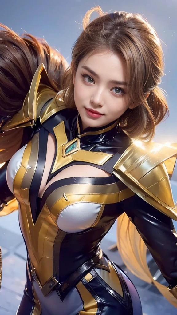(8k, RAW photo, photorealistic:1.25) ,( lipgloss, eyelashes, gloss-face, glossy skin, best quality, ultra highres, depth of field, chromatic aberration, caustics, Broad lighting, natural shading, looking at viewer with a serene and goddess-like happiness, smile, 8k, very detailed, green eyes, close-up shot of a woman with a gun in her hand