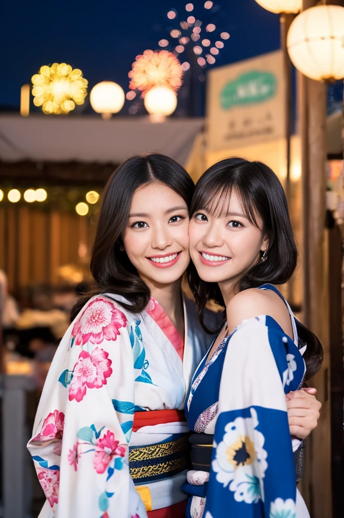 Urzan-6500-v1.1, (RAW Photos:1.2), (Photorealistic), (Genuine:1.4), Sharp focus, (Beautiful woman with perfect figure), thin, (Hairstyle: Open your ass)), ((kimono: Kara)), street: 1.2 非常に詳細な顔と肌の質感 詳細な目 double eyelid ランダムな姿勢, (smile),Super cute Japan person,Super Beautiful Japan Girl, Genuineistic face, double eyelid,smile, Full body shot、Summer festival , At night, Fireworks Background.