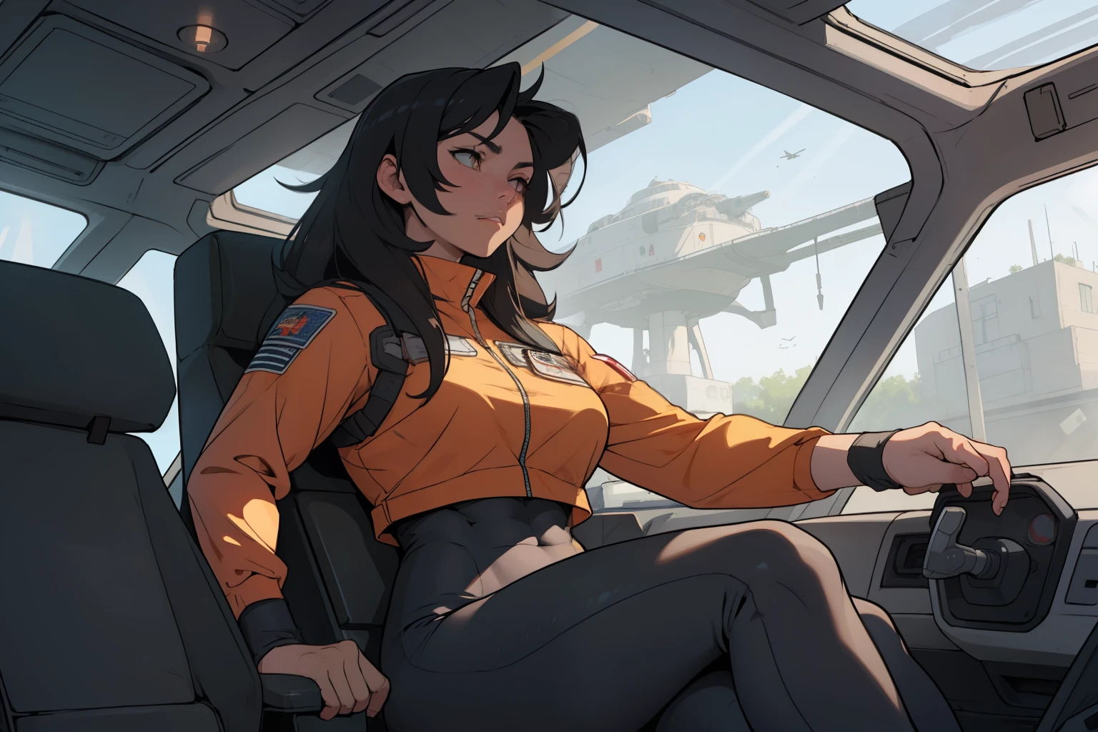 1girl solo black hair yellow eyes very long hair pale skin muscular muscular muscular muscular toned body huge muscles thick thighs girl tight clothes messy hair leggings tight shirt long sleeves thick thick thick thick thick thick (piloting spaceship) (piloting spaceship) (piloting spaceship) (piloting spaceship) (piloting spaceship) (piloting spaceship) (piloting spaceship) expressionless sad