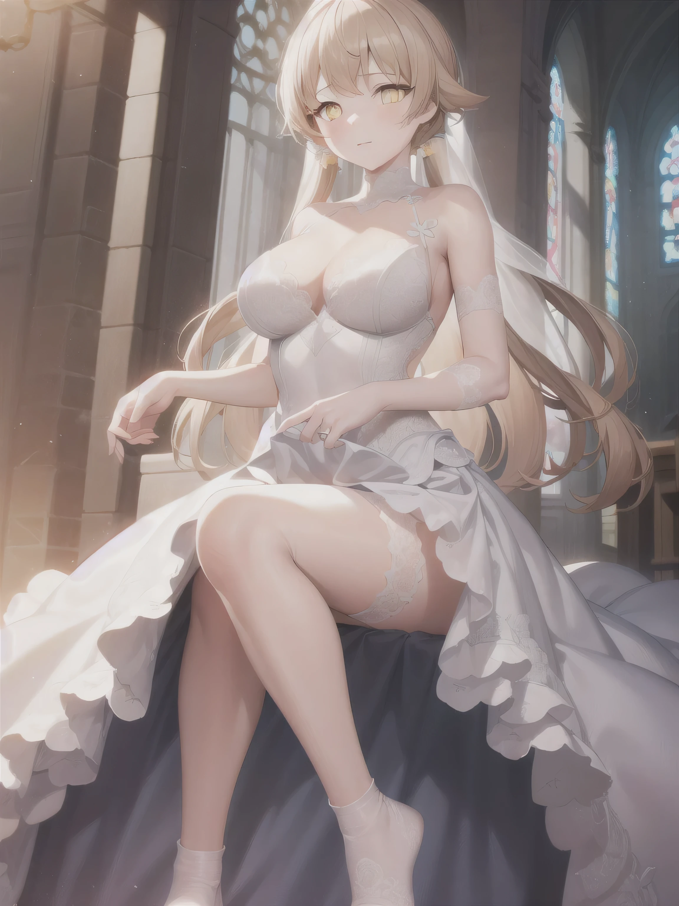 A girl,Long hair, bangs, hair, Hair between the eyes, (Yellow eyes:1.5), (Large Breasts:1.2),
rest clavicle, Wedding dress,Veil,wedding,White Dress,Flowers,The skirt is broken,White socks,Tights,White knee socks,
Looking at the audience, whole body,Put your hands in front of you,Holding Flowers,
indoors, church,permanent,permanent,
rest (masterpiece:1.2), best quality, high resolution, Unity 8K wallpaper, (illustration:0.8), (Beautiful and delicate eyes:1.6), Extremely detailed face, Perfect lighting, Extremely detailed CG, (Perfect hands, Perfect anatomical structure),