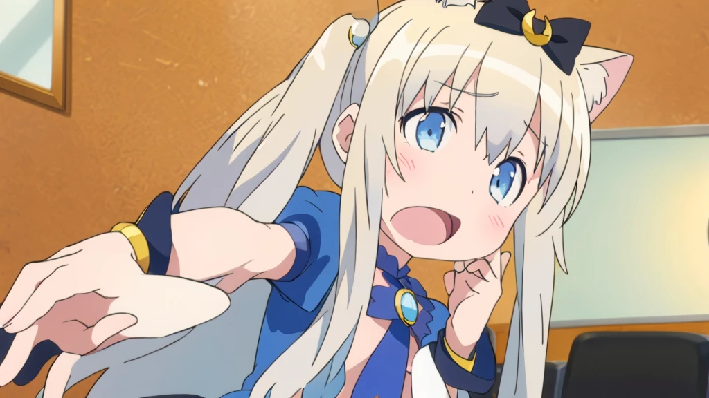 1 girl in、Pink cat ears high twintails lolita、cinta del arco white hair blue eyes