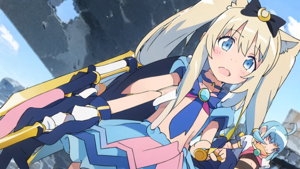 1 girl in、Pink cat ears high twintails lolita、cinta del arco white hair blue eyes