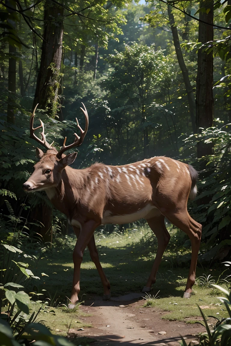 Hyper-detailed deer-human hybrid, 8K clarity, individual fur strands with adaptive tessellation, subsurface scattering on antlers, volumetric god rays through forest canopy, high-dynamic-range lighting, photogrammetry-based environment textures, particle systems for floating pollen, motion blur on swaying plants, atmospheric perspective --ar 21:9 --stylize 1000 --q 2 --v 5