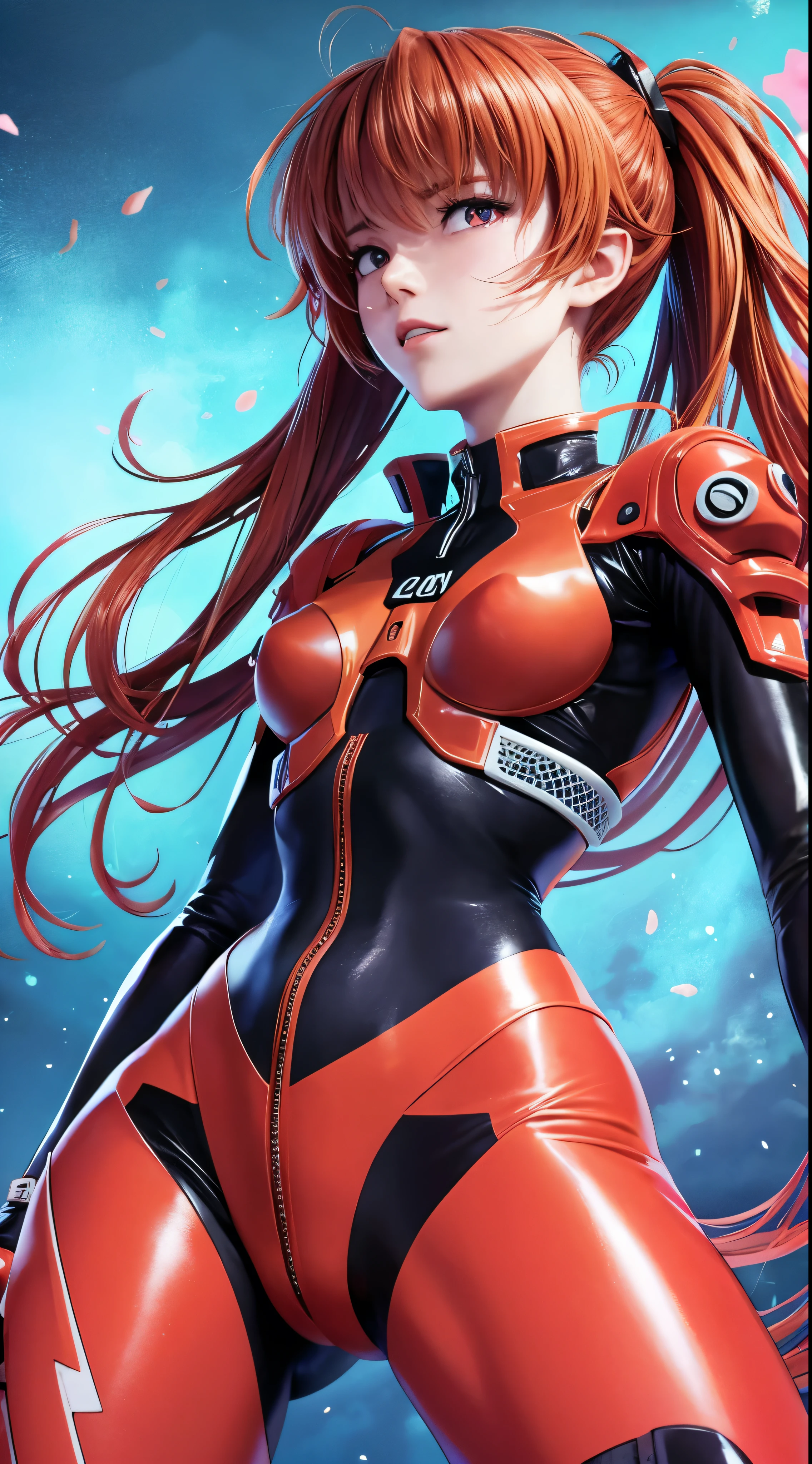 Neon Genesis Evangelion anime characters、Asuka Langley、Dressed in a bright red armor suit、She gracefully poses in front of the camera in high definition footage.。Evangelion: New Theatrical Edition、The background is Evangelion Unit 1.、Provides a breathtaking backdrop for your operations。Asuka raised her hand in determination.、