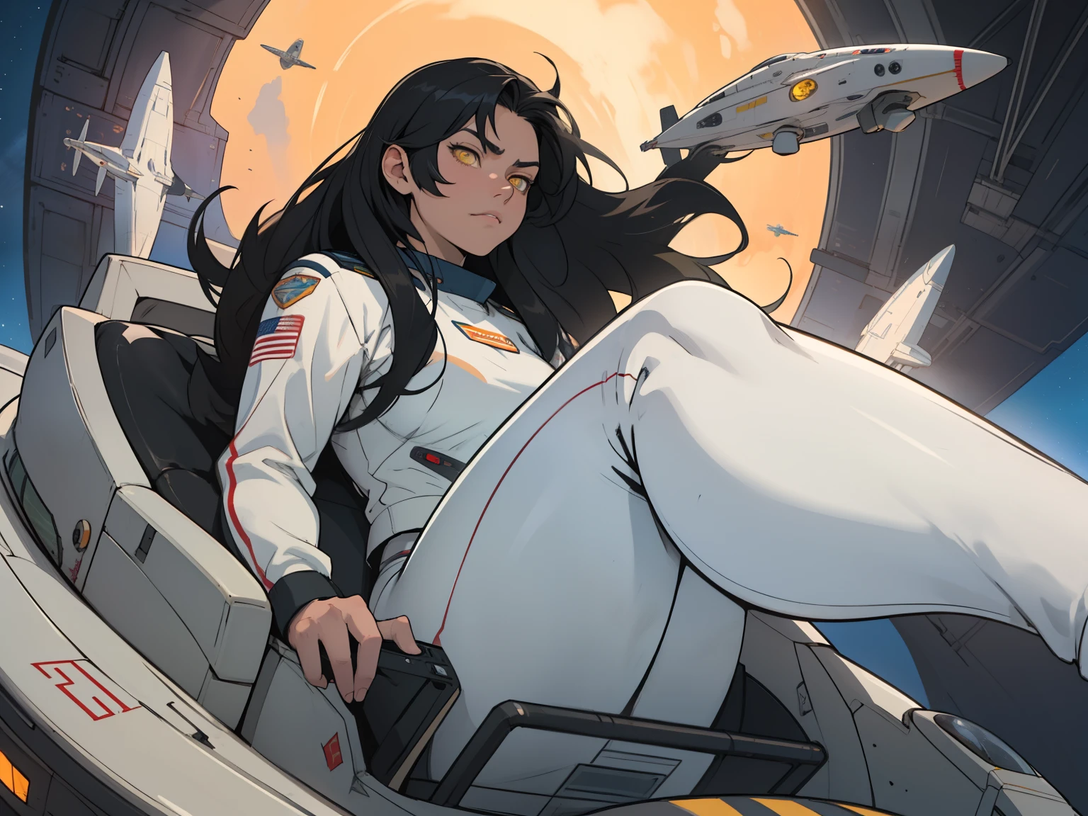 1girl solo black hair yellow eyes very long hair pale skin muscular muscular muscular muscular toned body huge muscles thick thighs girl tight clothes messy hair leggings tight shirt long sleeves thick thick thick thick thick thick (piloting spaceship) (piloting spaceship) (piloting spaceship) (piloting spaceship) (piloting spaceship) (piloting spaceship) (piloting spaceship) expressionless sad