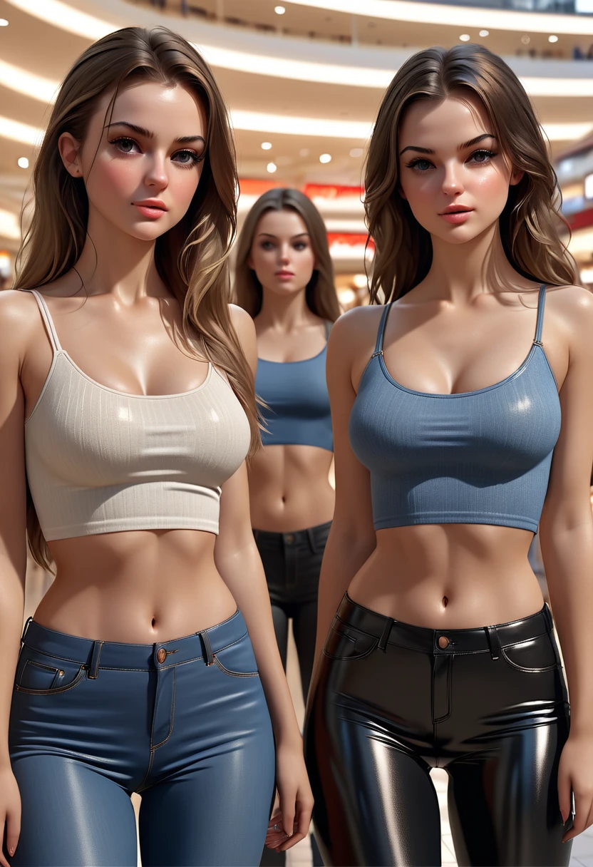 A group of young sexy women, at the mall, wearing casual tight clothes. Front view. Perfect body, perfect hair, UHD, retina, masterpiece, accurate, anatomically correct, textured skin, super detail, high details, high quality, award winning, best quality, highres, 16k, 8k, sunset light.