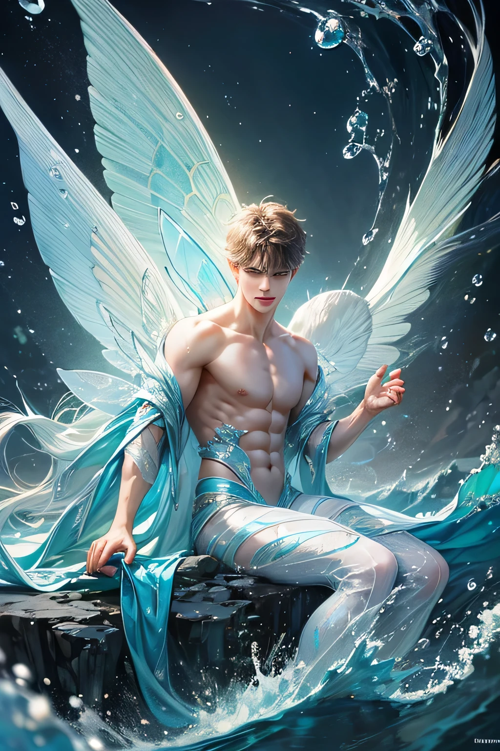 "Craft a captivating digital illustration featuring a handsome male fairy adorned with magnificent, iridescent wings reminiscent of glistening water droplets. Highlight his command over the element of water with cascading waves and gentle ripples flowing around him, evoking a sense of serene power. Incorporate a distinct water fairy symbol, emblazoned upon him, symbolizing his connection to the watery depths and mastery over aquatic forces."