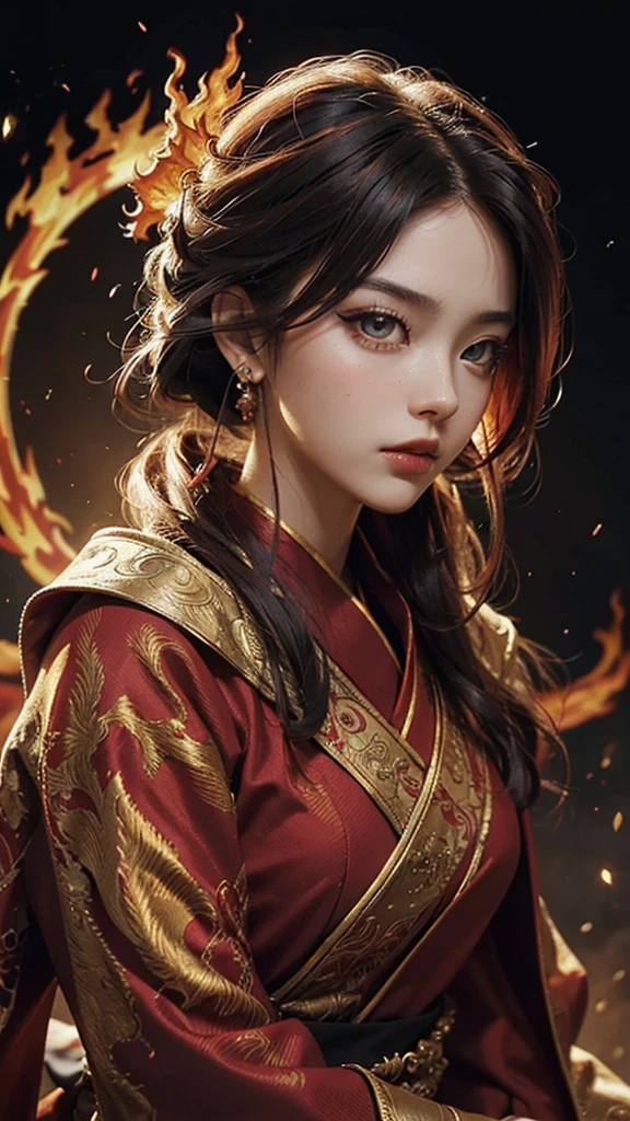 ((high quality, movie quality, best quality, extreme details, masterpiece detail eyes)), black background (full of fire), a beautiful oriental girl (20 years old), Oval face, Fire red hair shawl (elegant), Bright fiery red phoenix eyes, fiery red eyes,Wearing Han Dynasty phoenix costume, sideways, head (close up), 8K, The fire inside is burning, mirror style, Cinematic lighting,