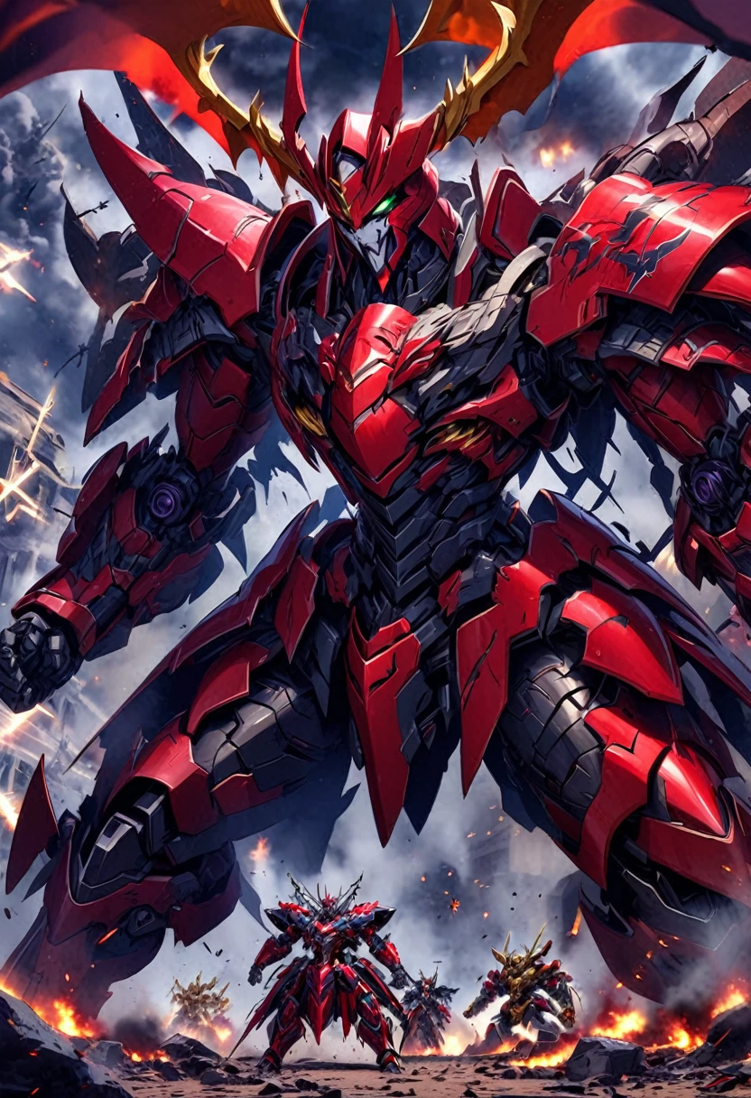 In an epic battle between good and evil, two colossal mechas engage in a fierce duel. Heaven's mecha, adorned with celestial symbols and a shining golden armor, clashes with Hell's mecha, covered in dark, sinister markings and deep crimson armor. The sky is filled with a mixture of celestial and demonic elements, with angels and demons visible in the background. The ground beneath them is cracked and smoldering from the intense battle.