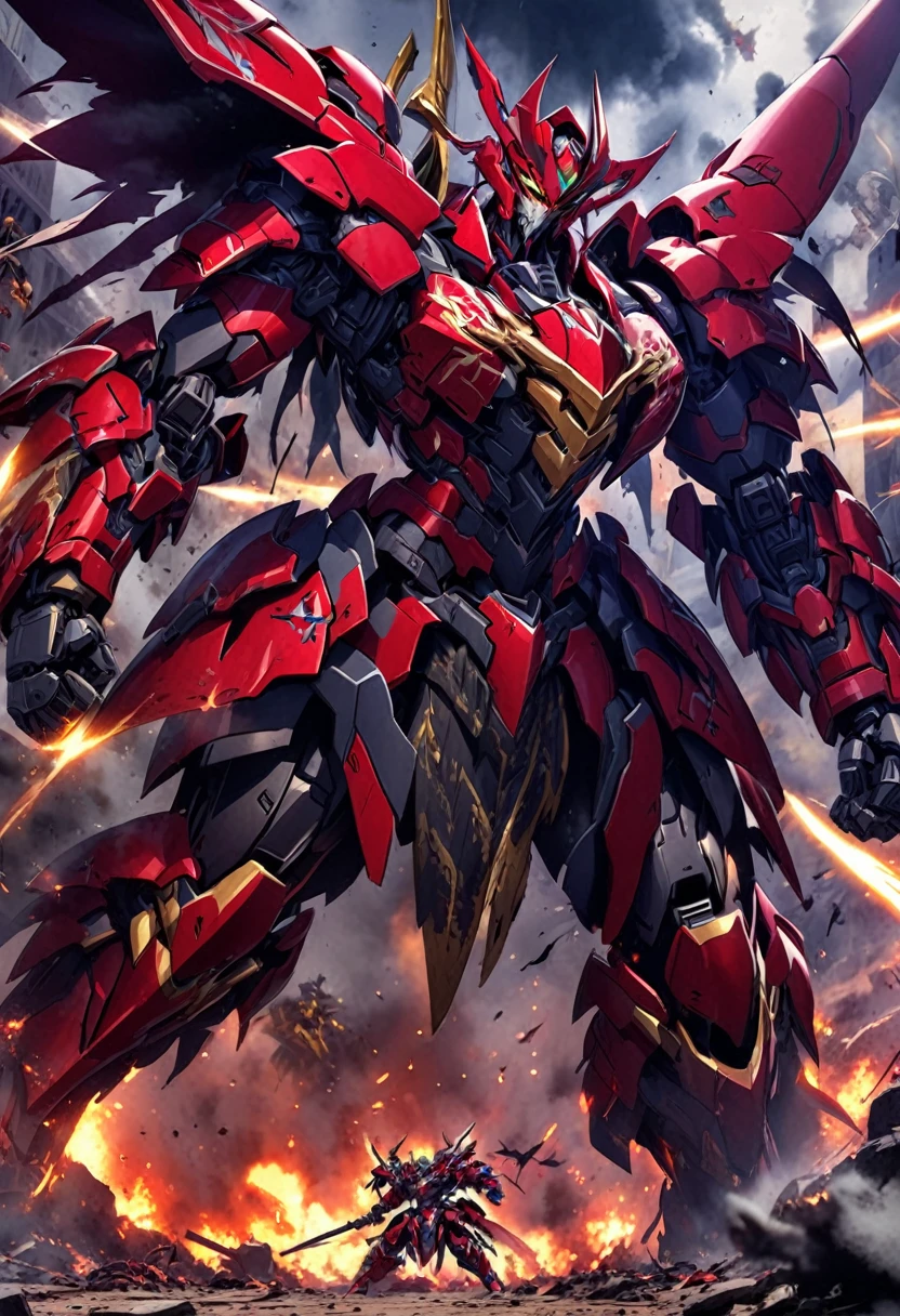 In an epic battle between good and evil, two colossal mechas engage in a fierce duel. Heaven's mecha, adorned with celestial symbols and a shining golden armor, clashes with Hell's mecha, covered in dark, sinister markings and deep crimson armor. The sky is filled with a mixture of celestial and demonic elements, with angels and demons visible in the background. The ground beneath them is cracked and smoldering from the intense battle.