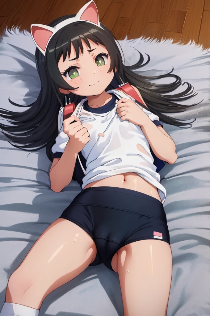 masterpiece, ultra quality, ultra sharp, ultra detailed, 1girl, solo, (((good anatomy))), haduki kurumi, (tattered torn dripping wet white gym shirt), navy gym pants, animal ears, randoseru, name tag, Japanese anime pose, laugh, BurumaShorts, Buruma, Gym Uniform, (((lying:1.4,  spread_legs, legspread, split_legs, spreading legs)), (randoseru backpack:1.4), (smug smile), buruma, blue buruma, black buruma, (cameltoe), (tattered torn short sleeve white gym uniform with colored hem), (tiny nipples), (white long loose socks), strong lighting, legspread, bukkake, cum on clothes, cum on legs, cum on buruma, cum on bloomers,