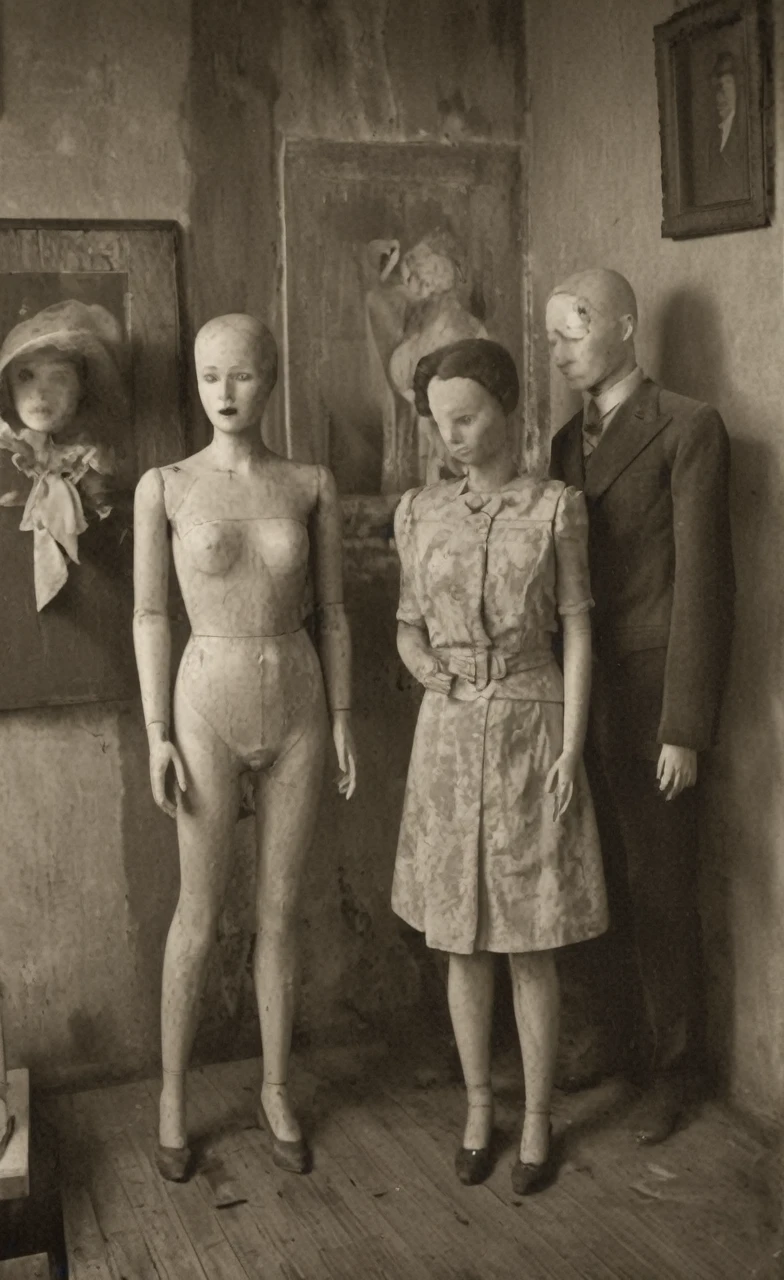 abandoned museum, unsettling mannequins, suggestive poses, Showa-era fashion, dim and dusty, eerie silence, high resolution, old photographs on the walls, broken display cases