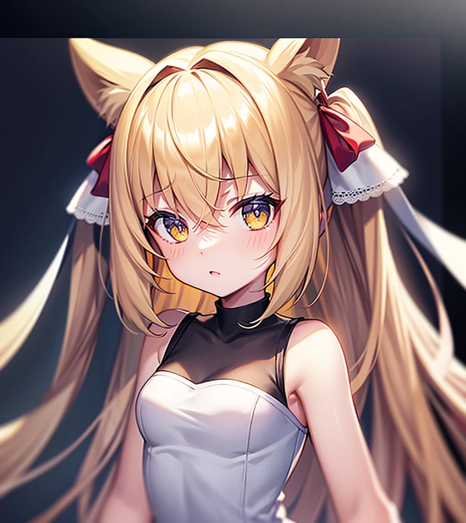 ((ribbon))),(hairpin),Cute little ,Tiny ,Small girl,,Childish face, Very fine clean face,Top quality,Straight Hair,Yellow hair,(Dark Room), Subtle light, Natural light,Soft lighting,Light from directly behind, (Are standing),Front view,Black background
