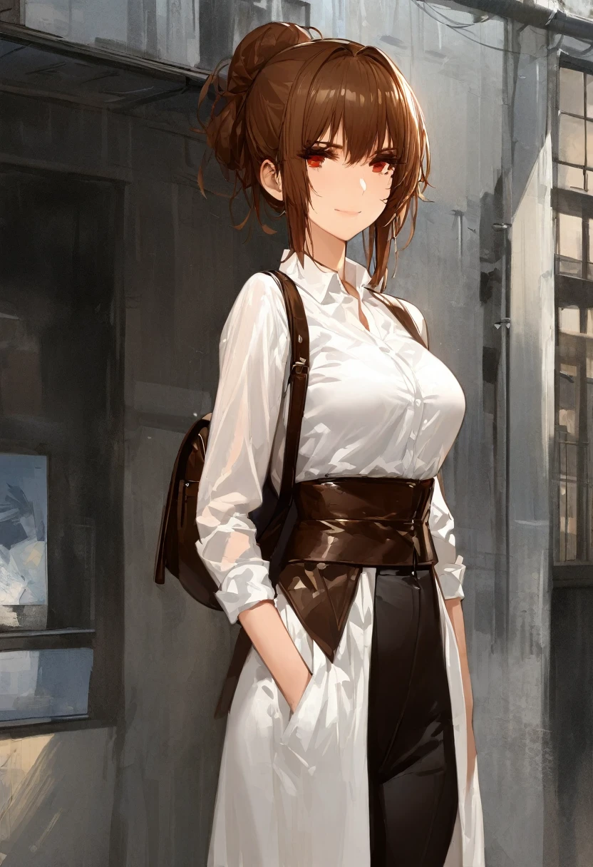 (adult), (woman) ((tall)), ((Elana From Library of ruina)), masterpiece, best quality, very aesthetic, absurdres, shiny skin, Perfect face, Perfect shadowing, Perfect cloathing, skindentation, brown hair, ((updo hair)), all messy hair , red eyes, plain white shirt, Yellow coat, black pants, ((leather waist backpack)), (faint smile), realistic anime style, oil painting, slums background.