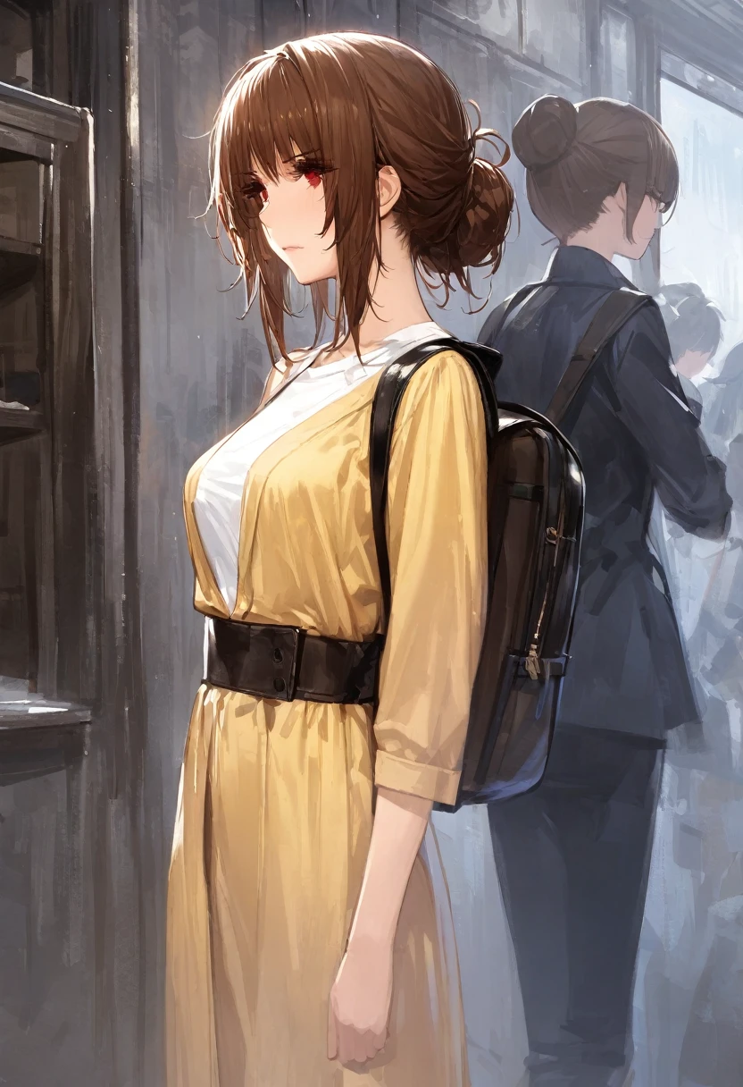 (adult), (woman) ((tall)), ((Elana From Library of ruina)), masterpiece, best quality, very aesthetic, absurdres, shiny skin, Perfect face, Perfect shadowing, Perfect cloathing, skindentation, brown hair, ((updo hair)), all messy hair , red eyes, plain white shirt, Yellow coat, black pants, ((leather waist backpack)), (faint smile), realistic anime style, oil painting, slums background.