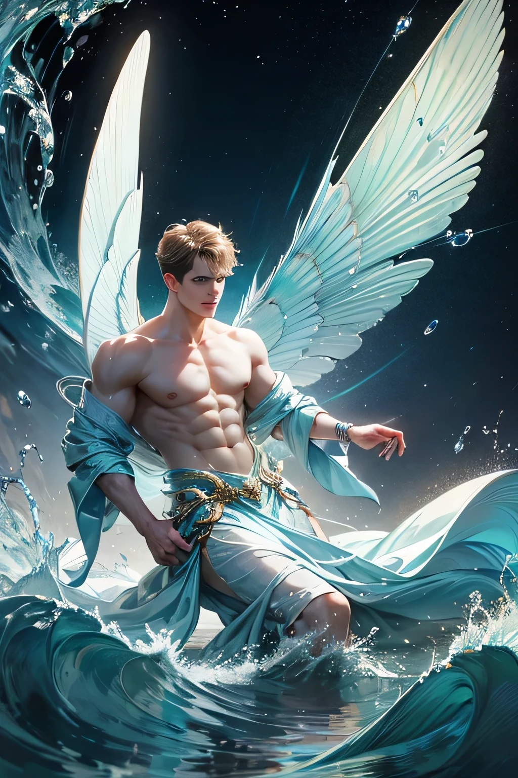 "Craft a captivating digital illustration featuring a handsome male fairy adorned with magnificent, iridescent wings reminiscent of glistening water droplets. Highlight his command over the element of water with cascading waves and gentle ripples flowing around him, evoking a sense of serene power. Incorporate a distinct water fairy symbol, emblazoned upon him, symbolizing his connection to the watery depths and mastery over aquatic forces."