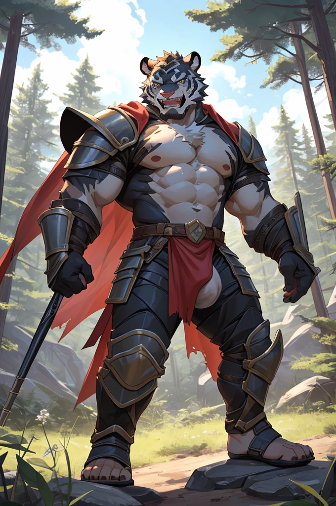 Tiger,Young Adults,Strong,handsome,warrior,Sexy body,Huge penis,毛茸茸的Tiger爪,Scantily clad(Scapula,Armor knee pads,Crotch bulge,The genitals are extremely prominent,Red torn shawl,Bare chest and abdomen,Bare thighs,barefoot),expression(vigilante,Gnashing of teeth),action(Standing,vigilante),Alone,Looking angrily at the camera,Challenge the camera character to a duel,environment(Clearing in open forest,There are sparse low weeds around,There are pine trees in the distance)