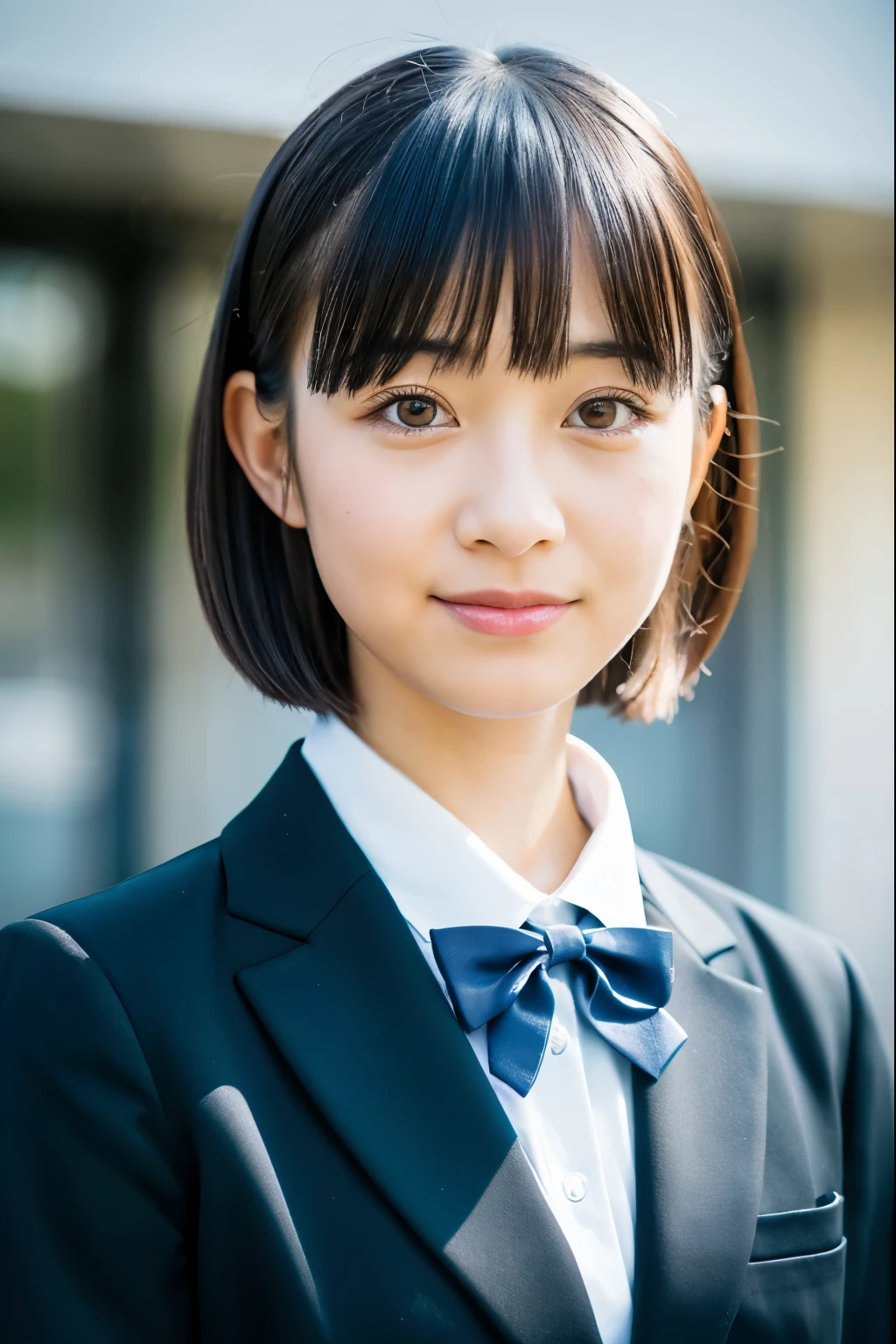 there is a woman in a suit and bow tie posing for a picture, seifuku, japanese school uniform, portrait of a japanese teen, japanese girl school uniform, girl wearing uniform, chiho, wearing japanese , school girl, iwakura lain, close up iwakura lain, a hyperrealistic , mid shot portrait