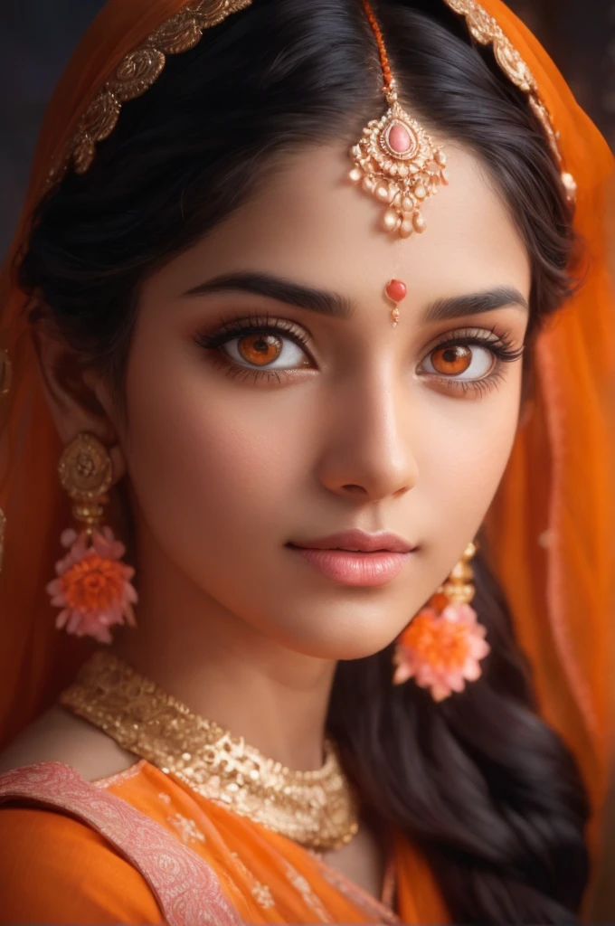 Beautiful woman, 25yo girl, beautiful orange kurti dress, covering her body with transparent chunari, (orange bindi on head), during daytime, yamamura, calm and cool, Detailed body, ((white skin)), Detailed face, ((orange eye)), (glowing pupils), ((pink lips)), sharp nose, shiney body, Gorgeous, A hyper-realistic, Charming, beautiful, Long braided hair, Ambient lighting, Foggy, Winters, Detailed background, Volumetric lighting, Shadow, 8K