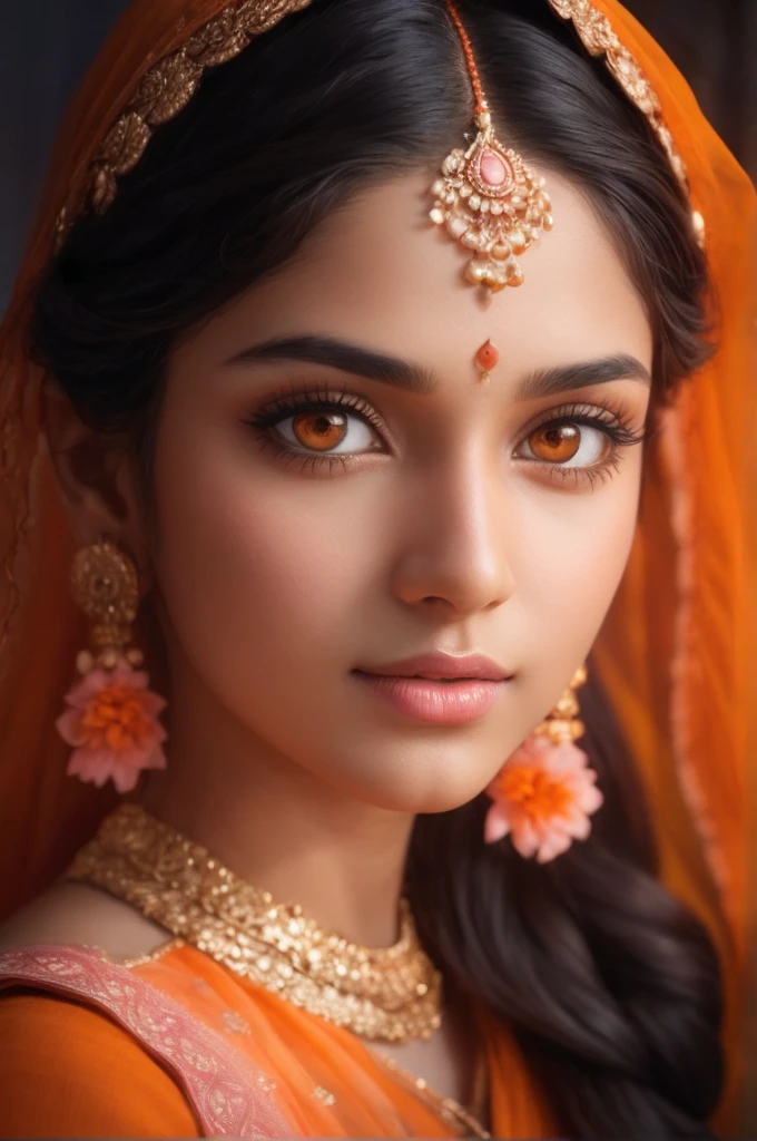 Beautiful woman, 25yo girl, beautiful orange kurti dress, covering her body with transparent chunari, (orange bindi on head), during daytime, yamamura, calm and cool, Detailed body, ((white skin)), Detailed face, ((orange eye)), (glowing pupils), ((pink lips)), sharp nose, shiney body, Gorgeous, A hyper-realistic, Charming, beautiful, Long braided hair, Ambient lighting, Foggy, Winters, Detailed background, Volumetric lighting, Shadow, 8K