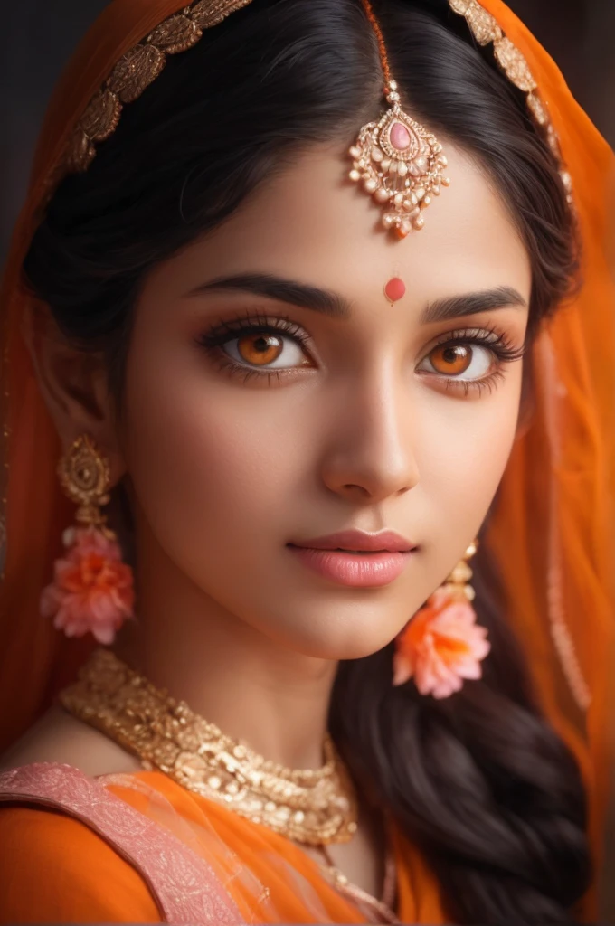 Beautiful woman, 25yo girl, beautiful orange kurti dress, covering her body with transparent chunari, (orange bindi on head), during daytime, yamamura, calm and cool, Detailed body, ((white skin)), Detailed face, ((orange eye)), (glowing pupils), ((pink lips)), sharp nose, shiney body, Gorgeous, A hyper-realistic, Charming, beautiful, Long braided hair, Ambient lighting, Foggy, Winters, Detailed background, Volumetric lighting, Shadow, 8K