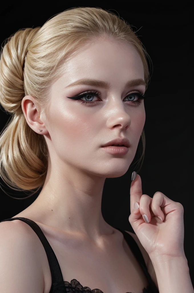 woman pretty, blonde,bun-hairstyle, sheer dress,pale,eyeliner,portrait,no-makeup ,full body, makeup ,pale woman painting, eyeliner wonderful highly detailed masterpiece, beautiful light deep focus, elegant, digital painting, smooth, dramatic lighting, ultra realistic, 8k, art , black background,black background, black wallpaper pray hands,prayer-nun