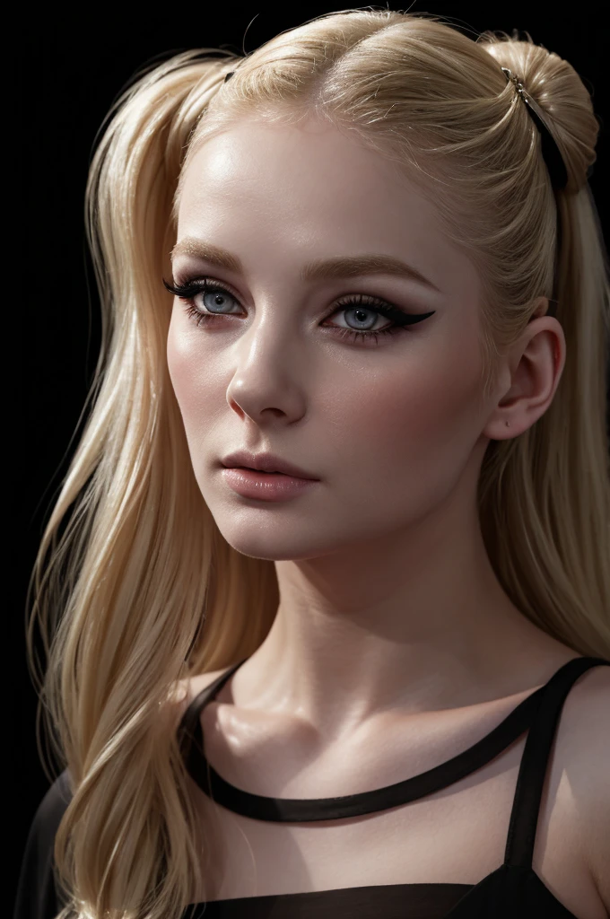 woman pretty, blonde,bun-hairstyle, sheer dress,pale,eyeliner,portrait,no-makeup ,full body, makeup ,pale woman painting, eyeliner wonderful highly detailed masterpiece, beautiful light deep focus, elegant, digital painting, smooth, dramatic lighting, ultra realistic, 8k, art , black background,black background, black wallpaper pray hands,prayer-nun