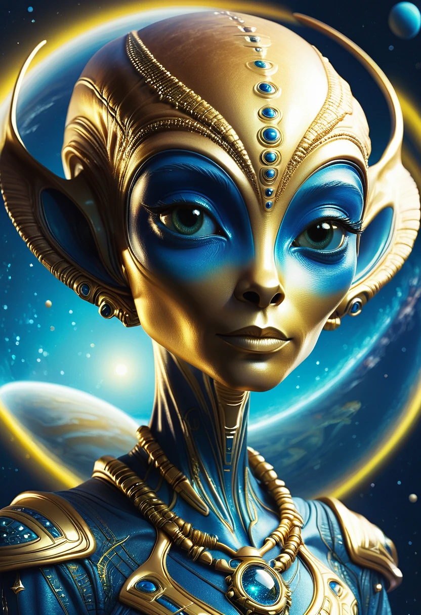 illustration,illustration,Golden Alien Portrait,Blue Background,Planet Decoration,Artistic Creativity:1.37