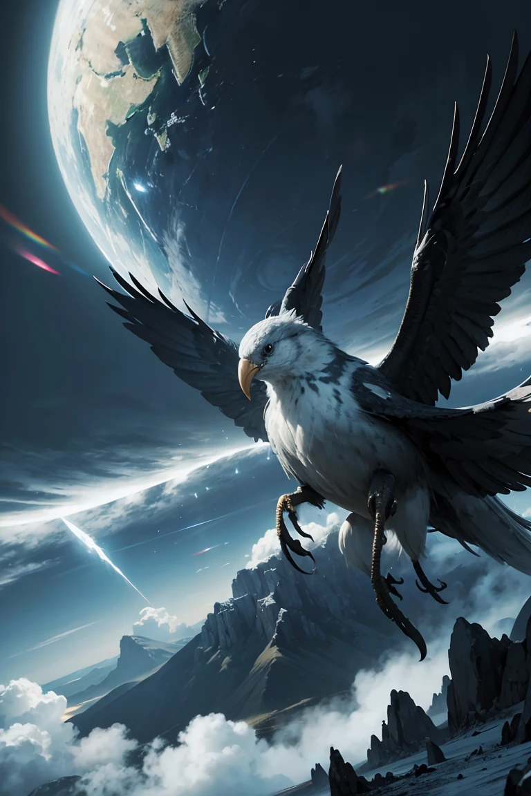 Ultra-high-definition avian humanoid, 8K resolution, feather systems with physics simulation, raytraced sky with volumetric clouds, dynamic wind effects, high-altitude atmospheric scattering, motion blur on wings, hypersharp eyes with chromatic aberration, lightning with volumetric illumination, HDRI environment mapping --ar 21:9 --stylize 1000 --q 2 --v 5