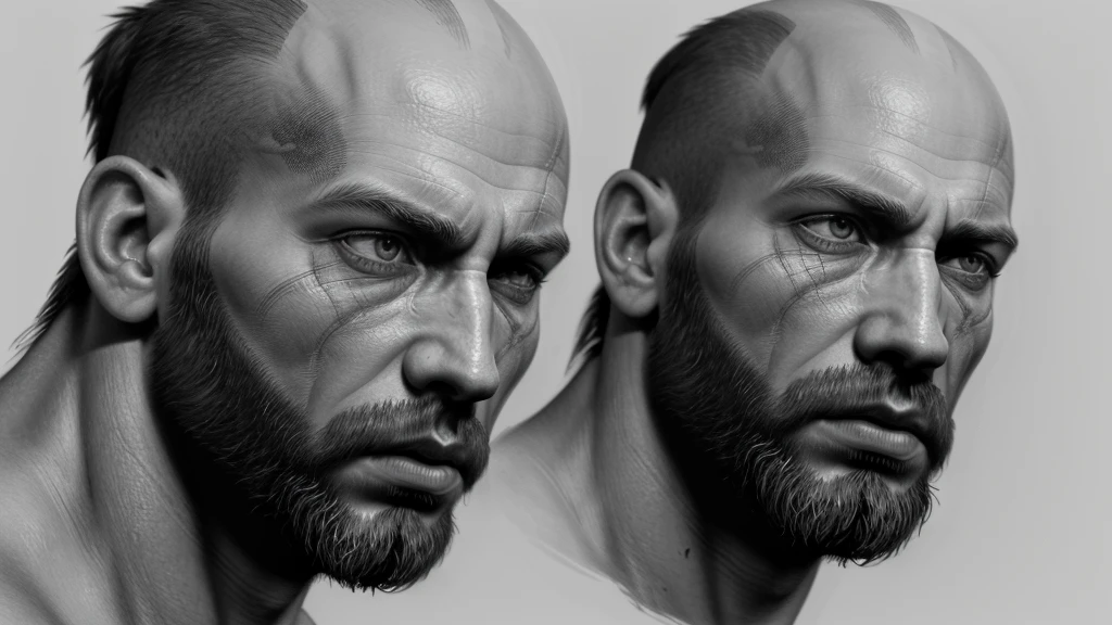 God of War Hyperrealism Drawing, closed face photorealism, unrealistic rendering of engine 5, cinematographic, very detailled, 4K, black andwhite, White background