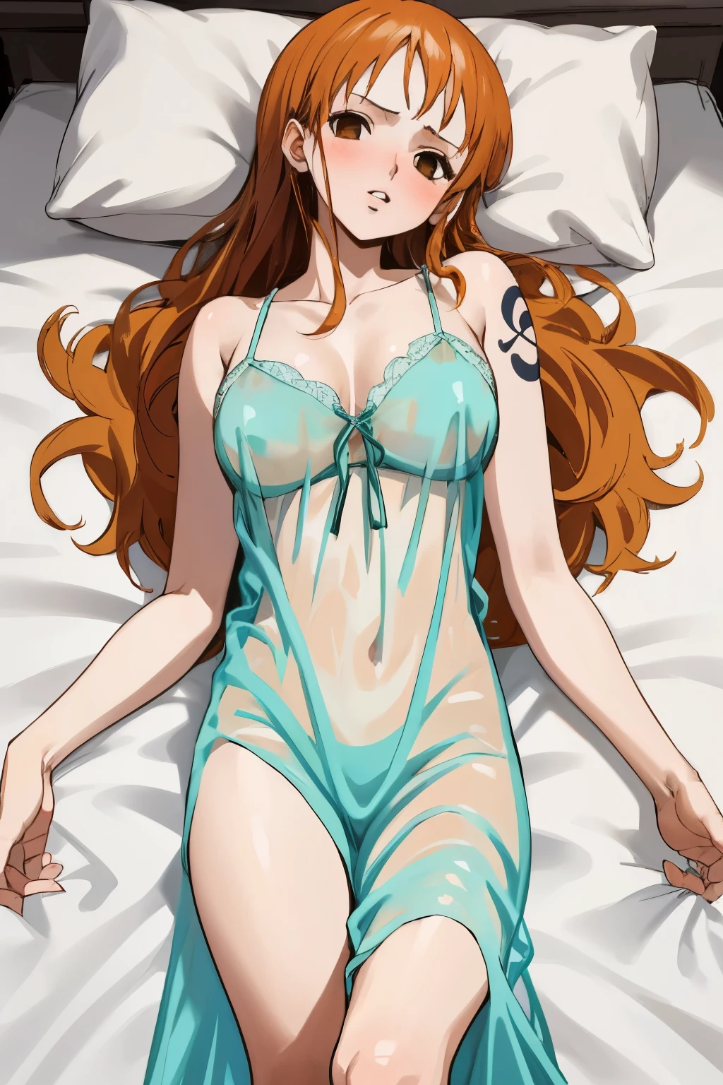 masterpiece, best quality, ultra-detailed, 1girl (namiop, Big and pretty breasts, orange hair, long hair, brown eyes, empty eye), blank face, parted lips, hypnosis, solo, , see-through nightgown, wanostyle, night time, in the bedroom, on the bed, lie down, lying, head tilt , top view