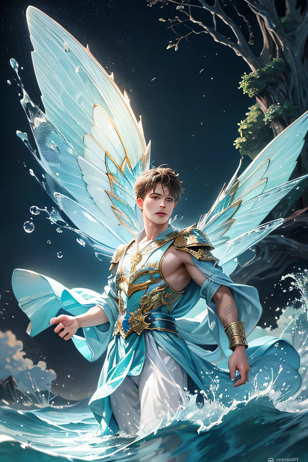 "Craft a captivating digital illustration featuring a handsome male fairy adorned with magnificent, iridescent wings reminiscent of glistening water droplets. Highlight his command over the element of water with cascading waves and gentle ripples flowing around him, evoking a sense of serene power. Incorporate a distinct water fairy symbol, emblazoned upon him, symbolizing his connection to the watery depths and mastery over aquatic forces."