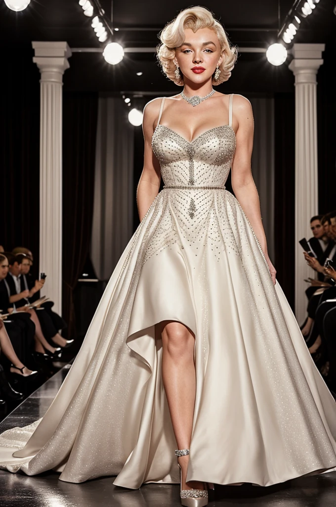 Marilyn Monroe ball gown with diamonds icon of the 50s on a catwalk full body 