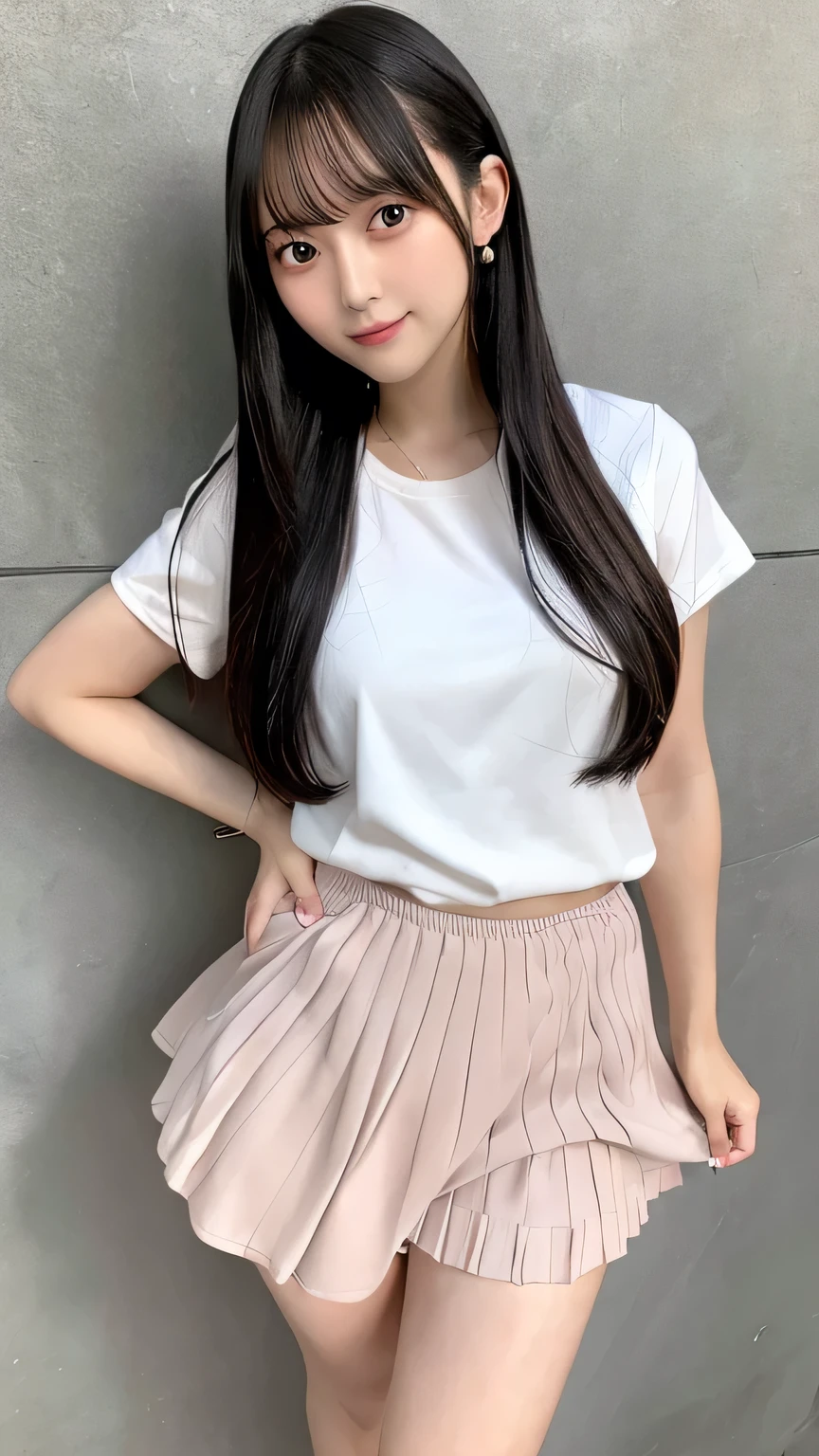 Highest quality,One girl in, skirt, One girl, underwear, , panties, プリーツskirt, Black Hair, Hips, Lifting clothes, The eyes are brown, 青いskirt, pure gaze, 白のshirt, shirt, Long Hair, Short sleeve, , ミニskirt, Lifted it himself, Open your mouth, Shadow, チェック柄skirt, blush