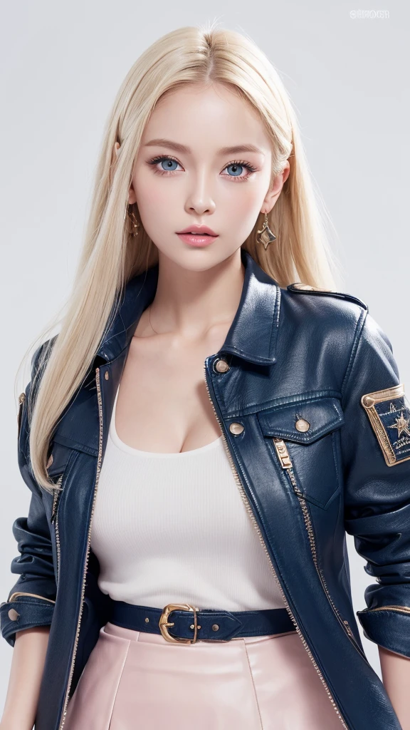 (((open jacket、mini skirt、White background、Cowboy Shot、forehead)))、forehead、Northern Europe、Russia、beautiful girl、Platinum Blonde Hair、Straight long hair、Big blue eyes、Northern Europeの若者、Glowing Skin、Young and beautiful skin、A perfect and beautiful little face、Bright makeup、Pale pink lips、Bright expression、lipstick、Golden Hour Lighting、Movie Light、Intricate details、High resolution、 Detailed features of the face design、Big Breasts