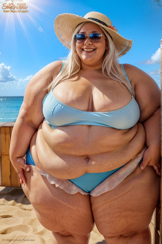 A white obese girl grinning. She has long white hair and is wearing a sun hat. She has sunglasses on which cover her eyes. She has a nose ring. She’s wearing a tight blue bikini top and blue shorts. Standing on the beach. SSBBW. 450 pounds. Masterpiece quality. Round face. Double chin.