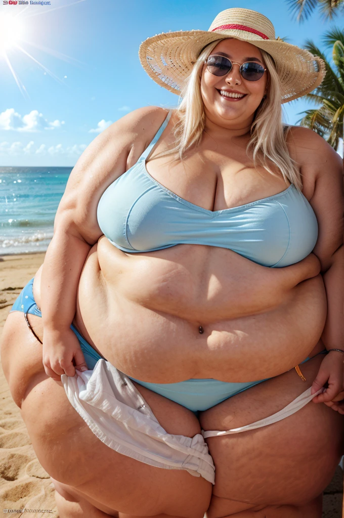 A white obese girl grinning. She has long white hair and is wearing a sun hat. She has sunglasses on which cover her eyes. She has a nose ring. She’s wearing a tight blue bikini top and blue shorts. Standing on the beach. SSBBW. 450 pounds. Masterpiece quality. Round face. Double chin.