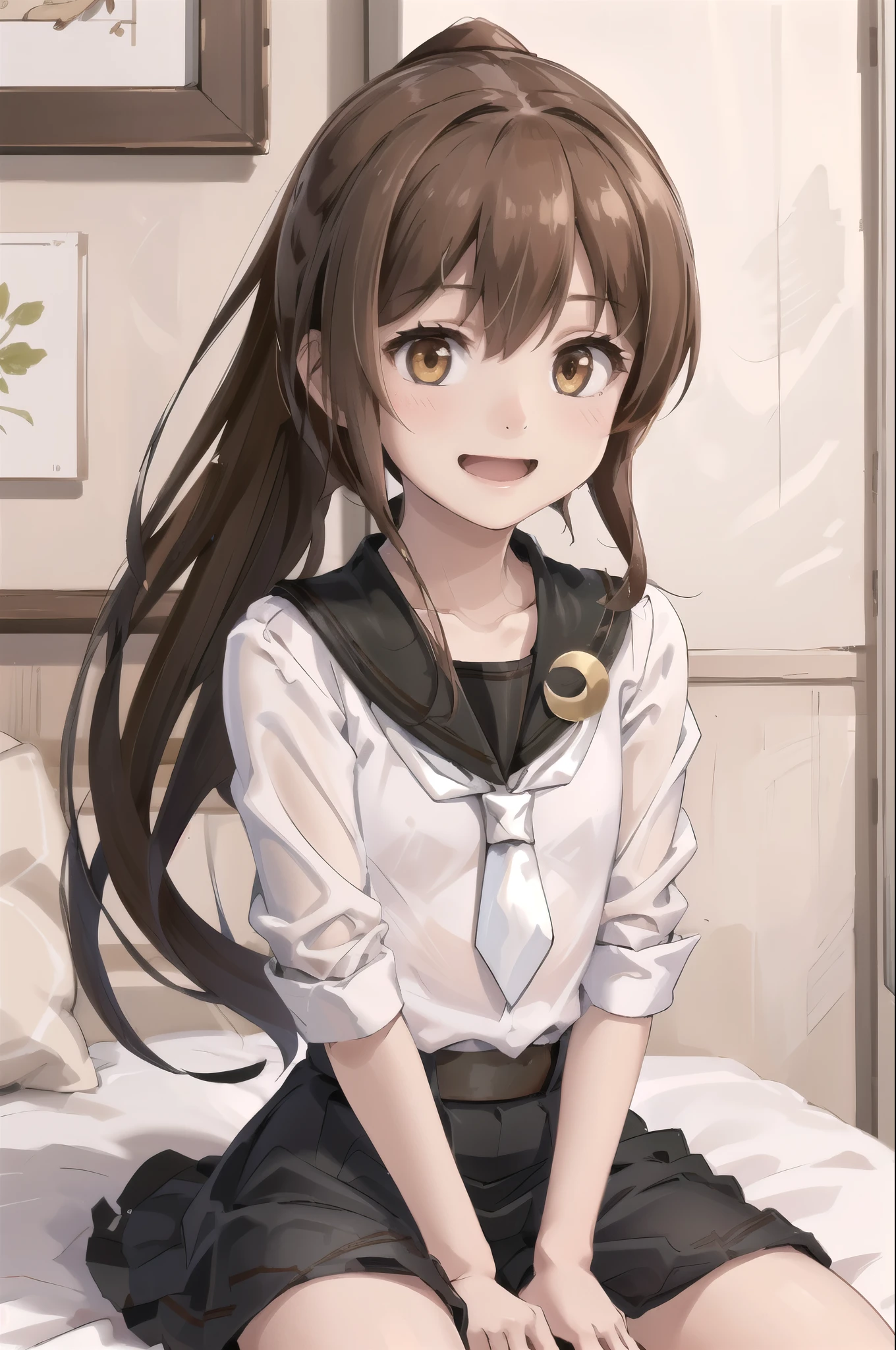 (masterpiece), (Highest quality), (Super detailed), ((Very delicate and beautiful)), One girl, 独奏, July, Cowboy Shot, Black Sailor Suit, White neckerchief, Crescent Pin, (very long hair), ponytail, smile, Flat Chest, belt, Black Skirt, chestnut mouth, Sitting, on bed, spoken question mark,  indoors, Detailed iris, young, 